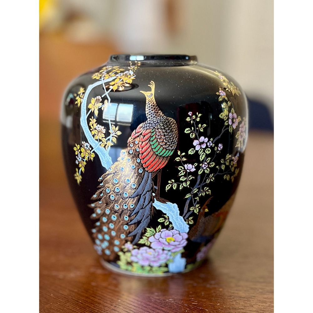 Asahi Ceramic Peacock Vase Unisex OS Black Excellent Vintage Gold Gilt Floral